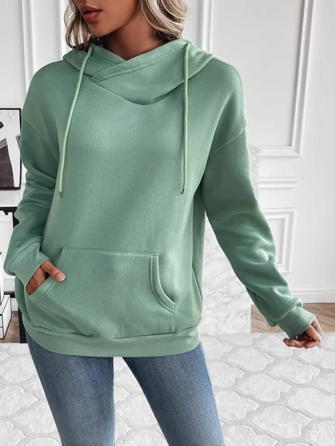 Drawstring Long Sleeve Hoodie with Kangaroo Pocket - Trendsi