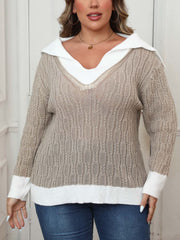 Plus Size Contrast Trim Collared Neck Sweater - Trendsi