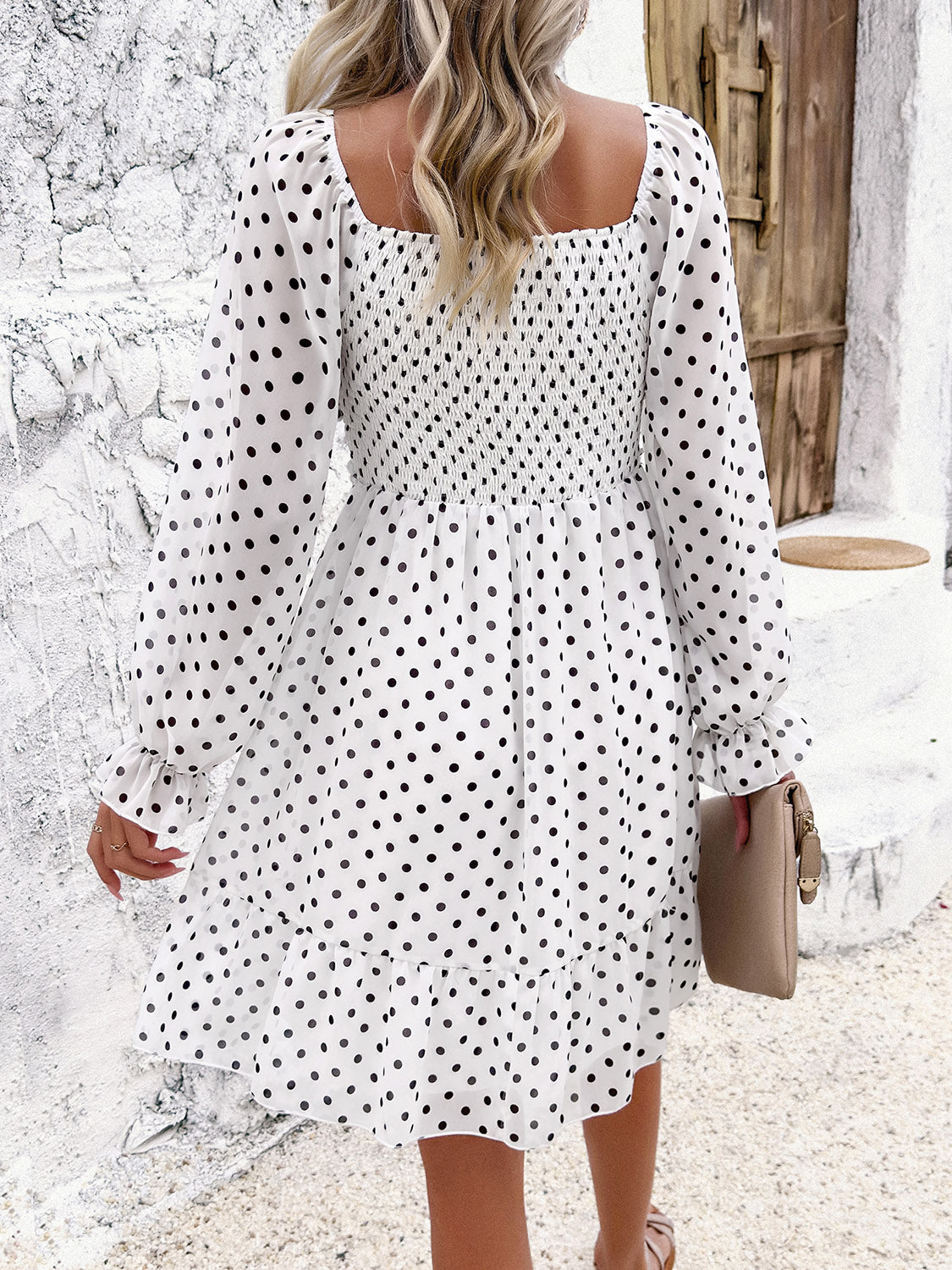 Smocked Polka Dot Long Sleeve Dress - Flyclothing LLC