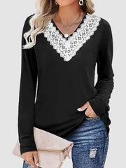 Lace Detail V-Neck Long Sleeve T-Shirt - Trendsi