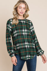 BOMBOM Curved Hem Plaid Round Neck Long Sleeve Top - Trendsi