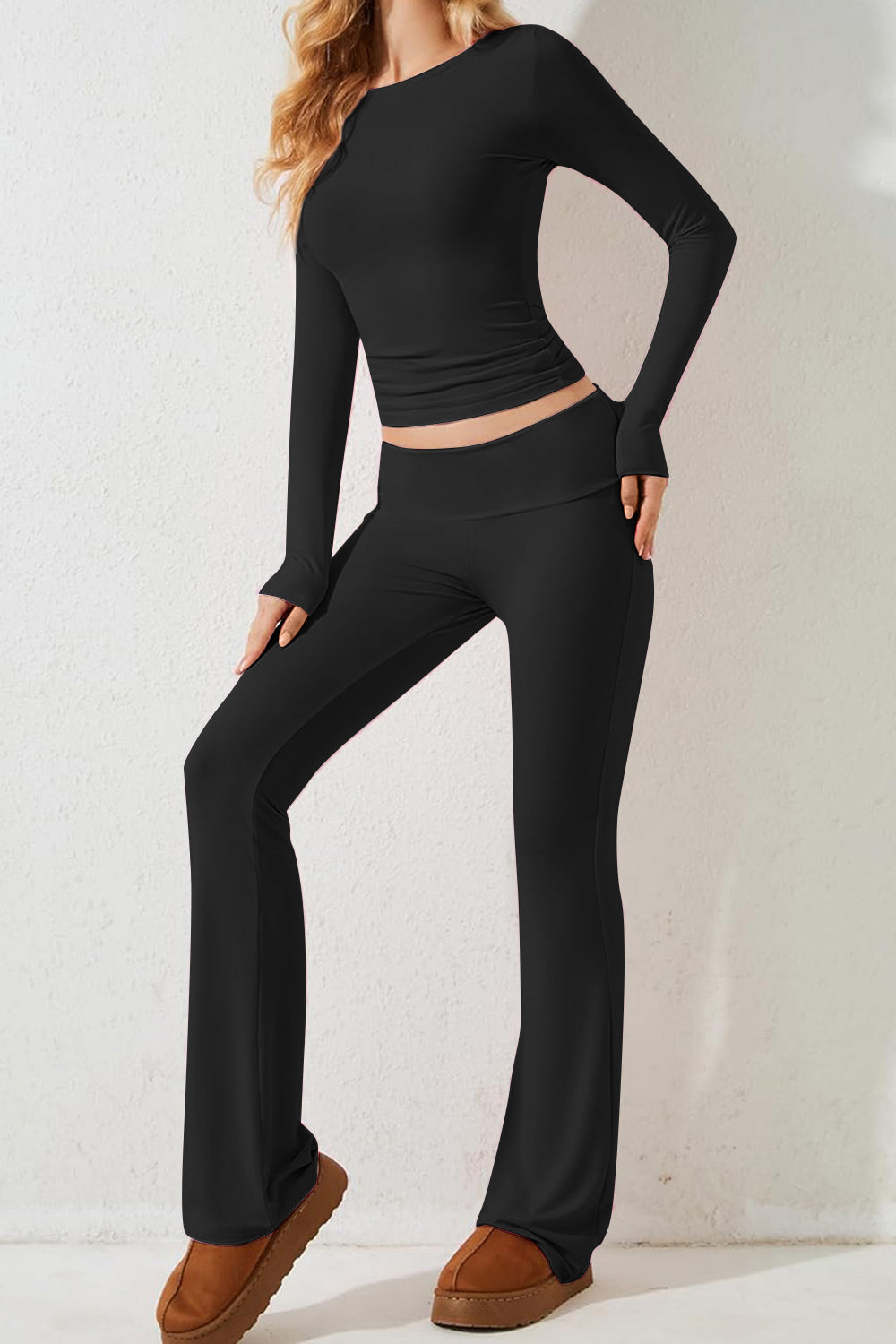 Round Neck Long Sleeve Top and Pants Set Trendsi