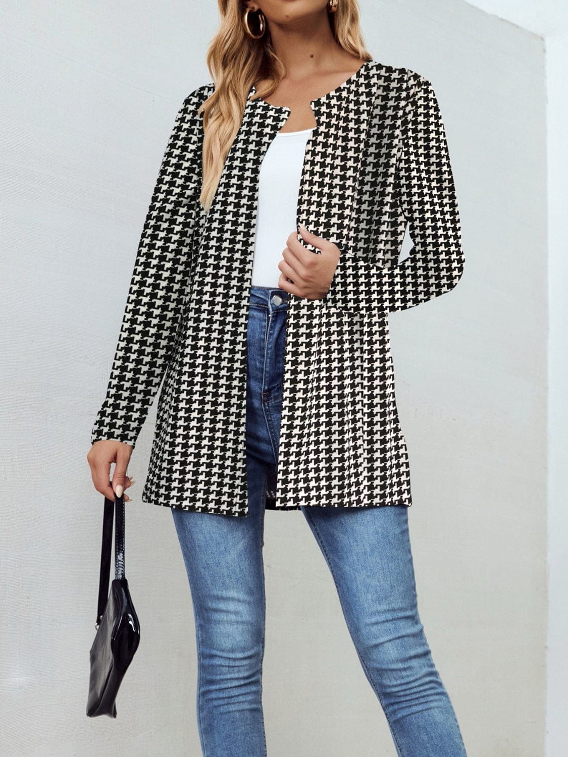 Houndstooth Open Front Long Sleeve Jacket - Trendsi