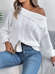 Cable-Knit One Shoulder Long Sleeve Sweater - Trendsi