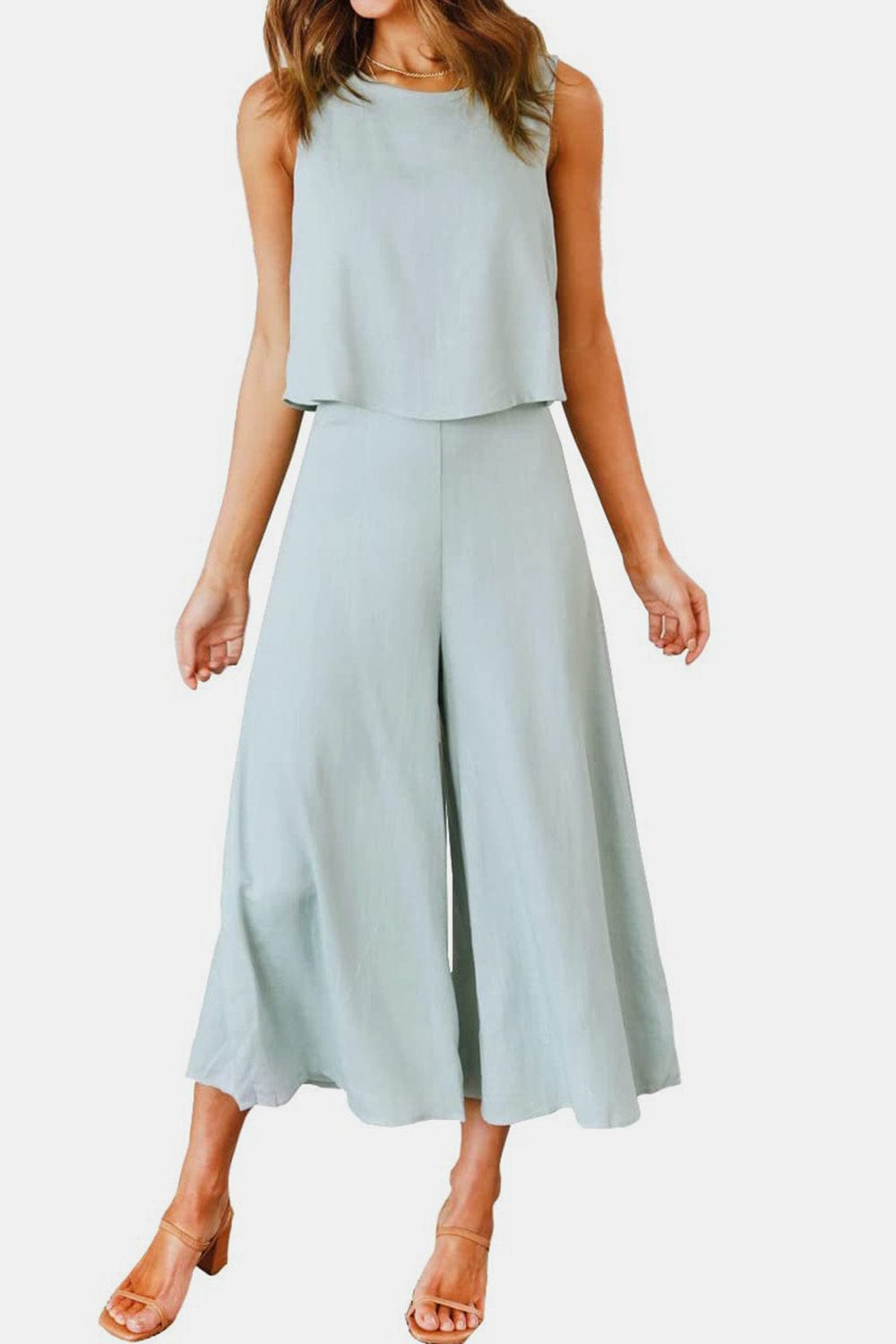 Round Neck Top and Wide Leg Pants Set - Trendsi