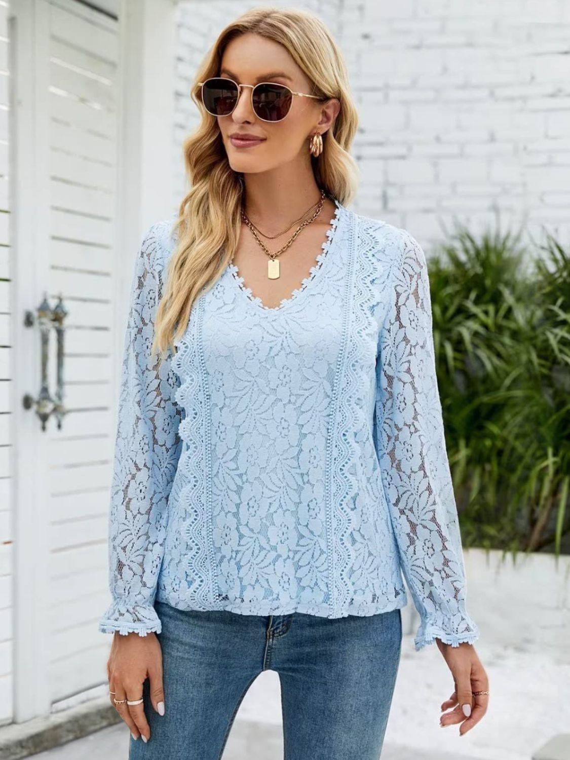 Lace V-Neck Flounce Sleeve Blouse - Flyclothing LLC