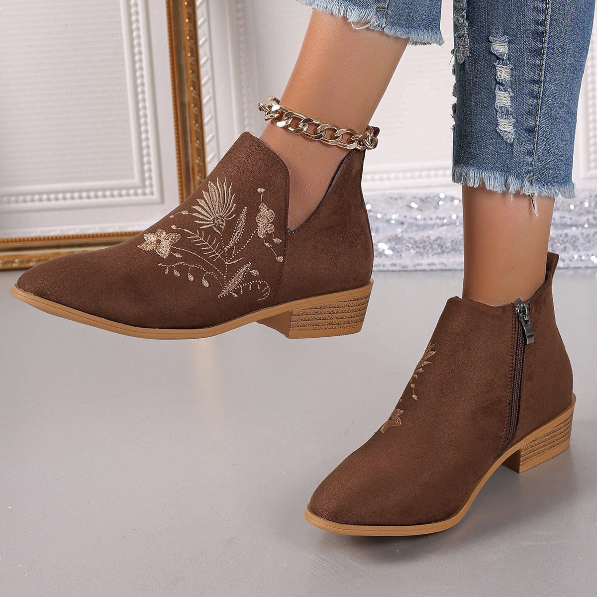 Embroidered Suede Point Toe Block Heel Boots - Trendsi