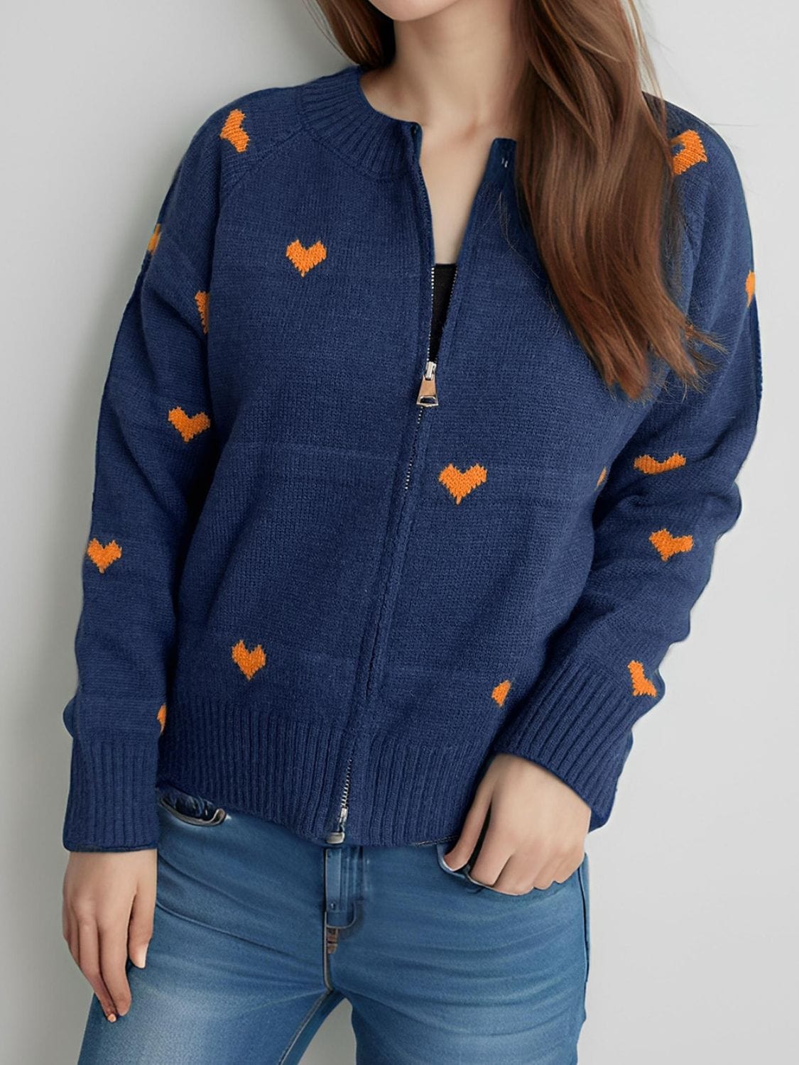 Heart Round Neck Zip Up Cardigan - Trendsi