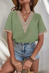 Full Size Lace Detail V-Neck Short Sleeve Blouse Trendsi