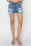 RISEN Stepped Waist Frayed Denim Shorts - Flyclothing LLC