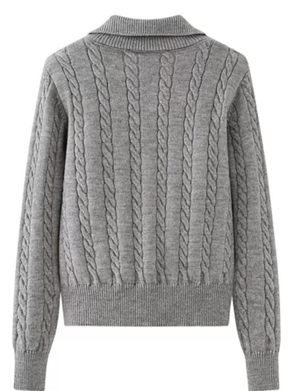 Cable-Knit Half Zip Long Sleeve Sweater - Trendsi