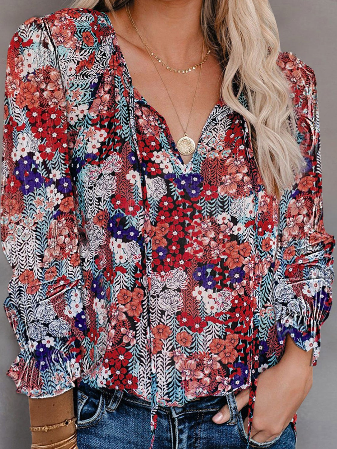 Printed Tie Neck Long Sleeve Blouse - Flyclothing LLC