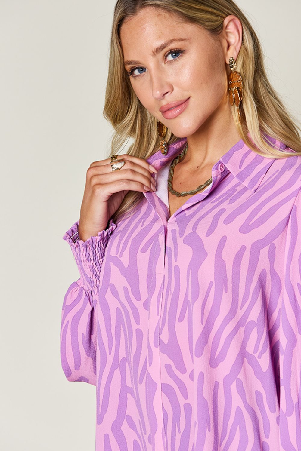 Double Take Full Size Printed Smocked Long Sleeve Blouse - Flyclothing LLC