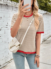 Lovelet Striped Contrast Round Neck Half Sleeve Knit Top