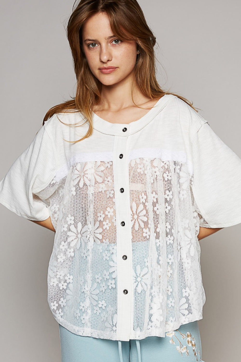 POL Round Neck Short Sleeve Lace Top - Flyclothing LLC