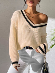 Contrast Trim V-Neck Long Sleeve Sweater - Trendsi