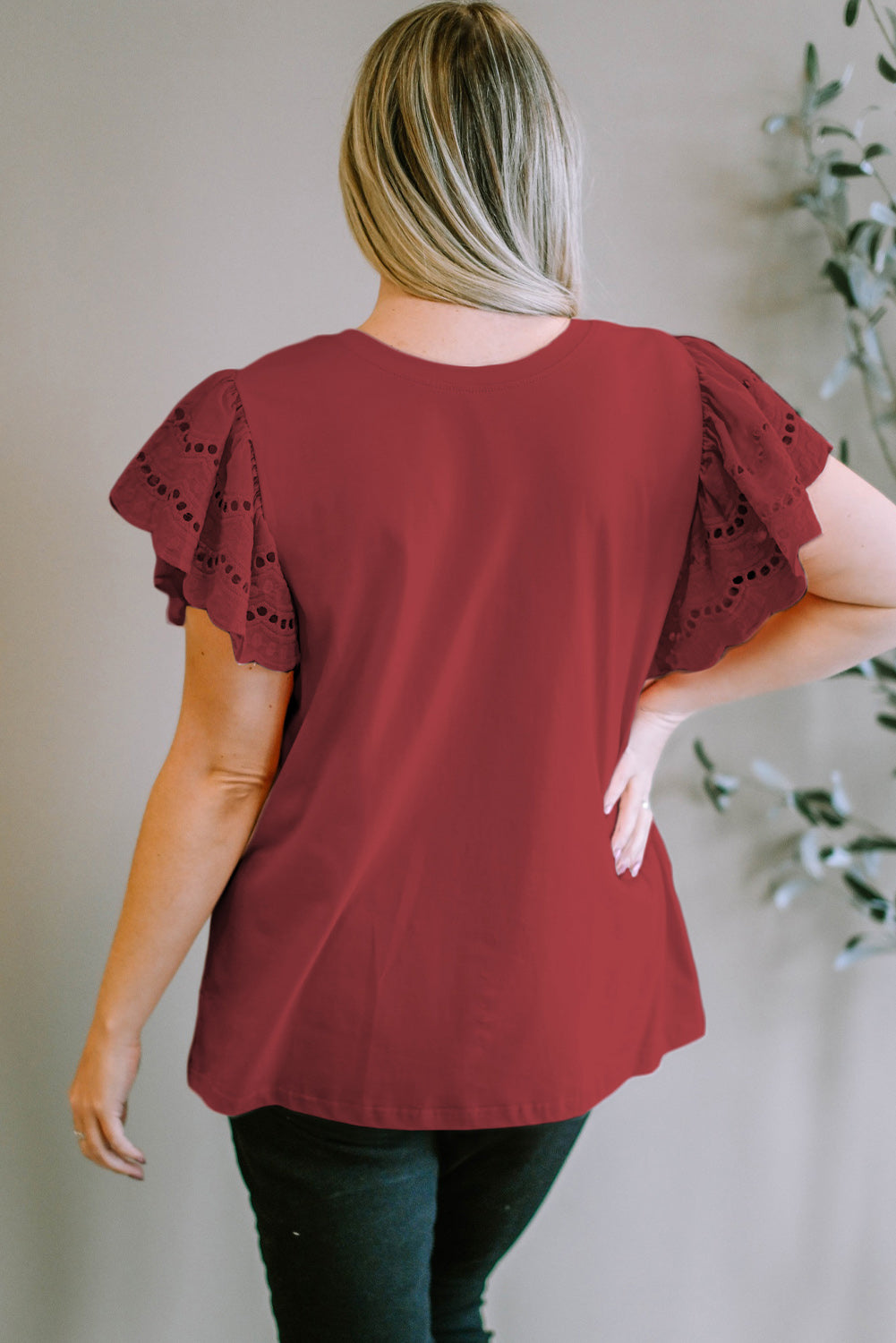 Plus Size Eyelet Round Neck Short Sleeve Blouse - Flyclothing LLC