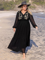 Plus Size Embroidered Tie Neck Long Sleeve Dress - Trendsi