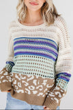 Leopard Striped Round Neck Crochet Knit Top - Trendsi