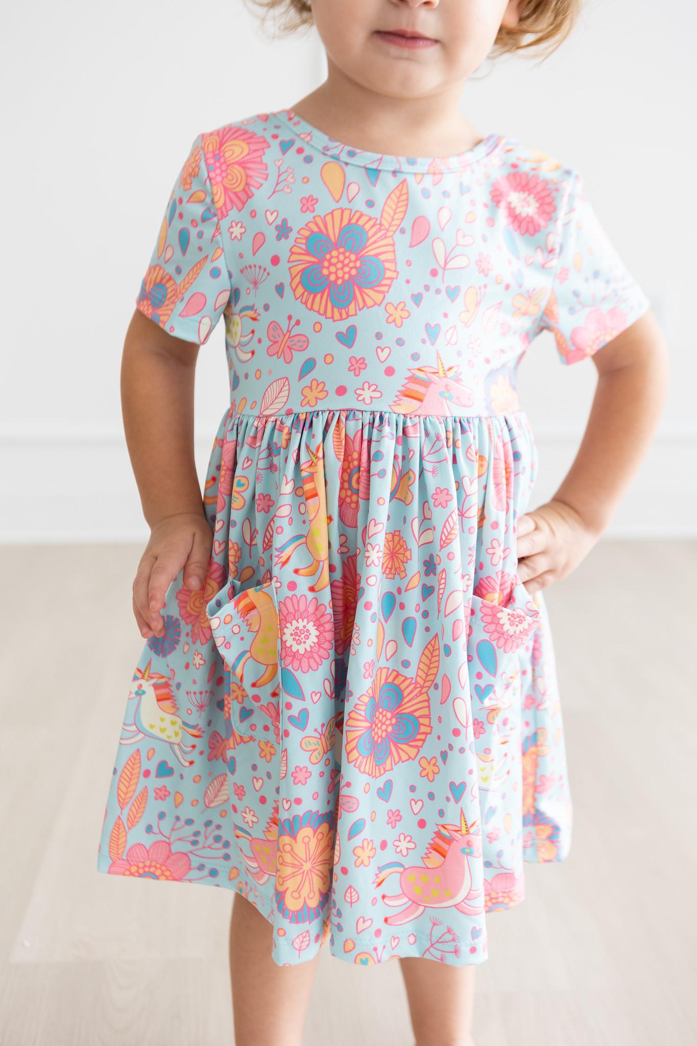 Blue Retro Unicorns S/S Pocket Twirl Dress - Mila & Rose ®