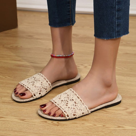 Lace Open Toe Flat Sandals - Trendsi