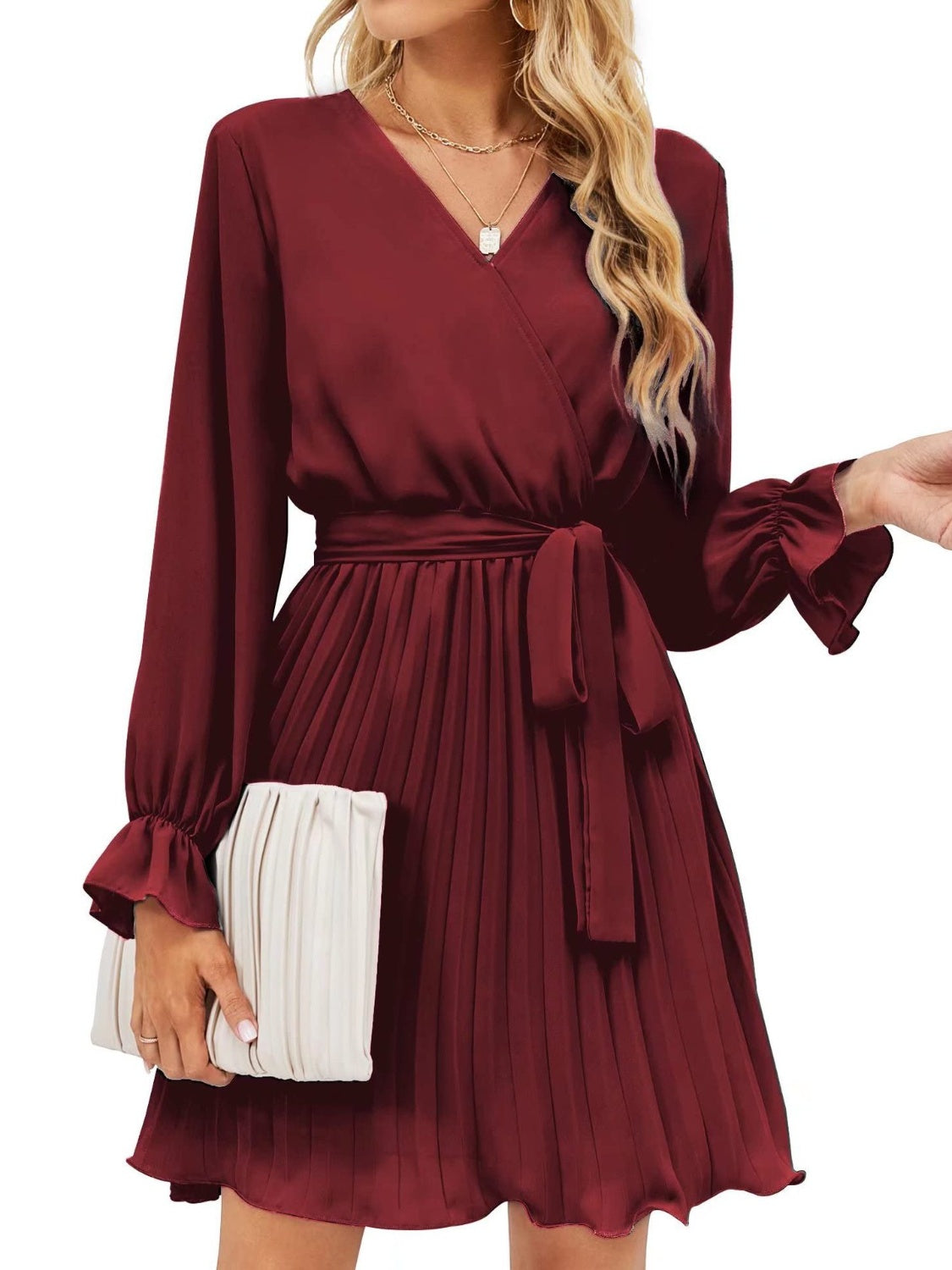 Surplice Flounce Sleeve Pleated Mini Dress - Flyclothing LLC