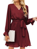 Surplice Flounce Sleeve Pleated Mini Dress - Flyclothing LLC