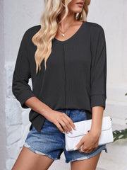 Textured Round Neck Three-Quarter Sleeve Blouse - Trendsi