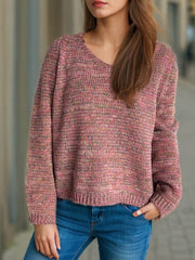 Heathered V-Neck Long Sleeve Sweater - Trendsi