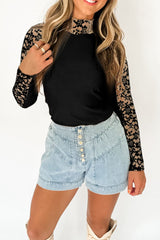 Mock Neck Long Sleeve Lace Patchwork T-Shirt