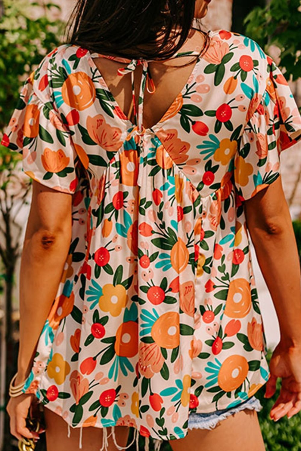 Printed V-Neck Short Sleeve Blouse Trendsi