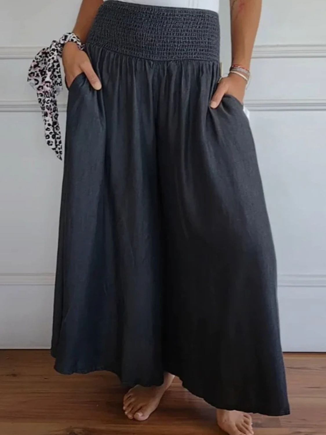 Full Size Smocked Wide Leg Pants with Pockets - Trendsi