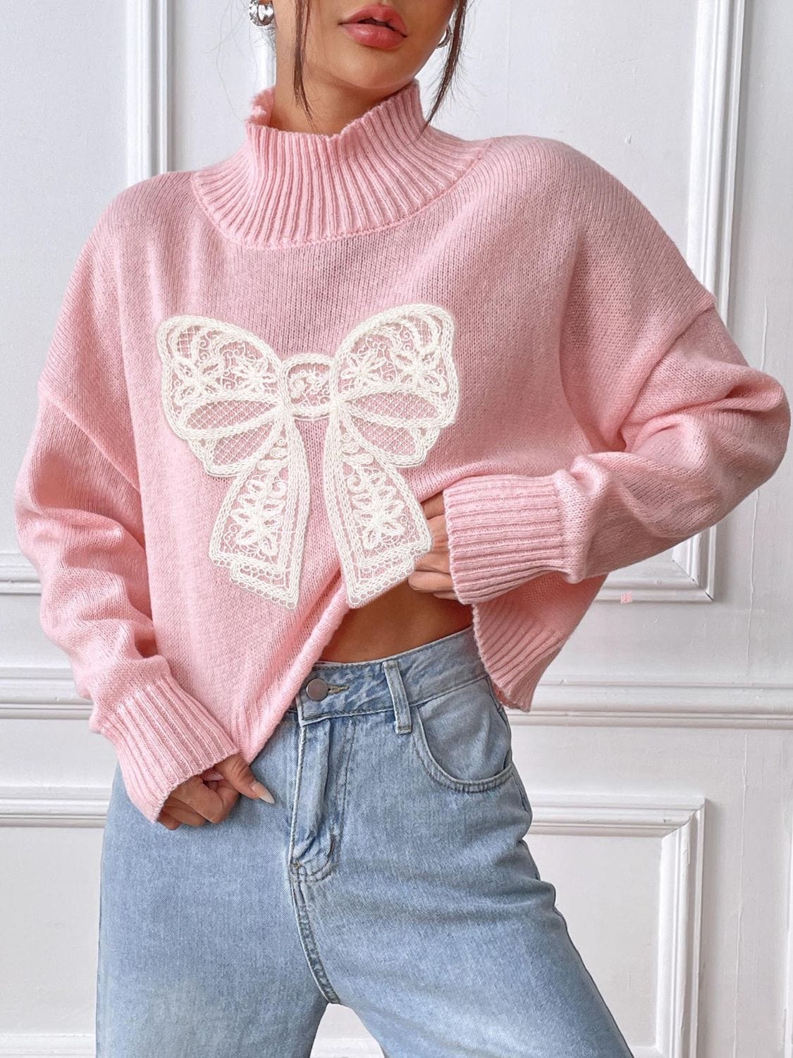 Bow Turtleneck Long Sleeve Sweater - Trendsi