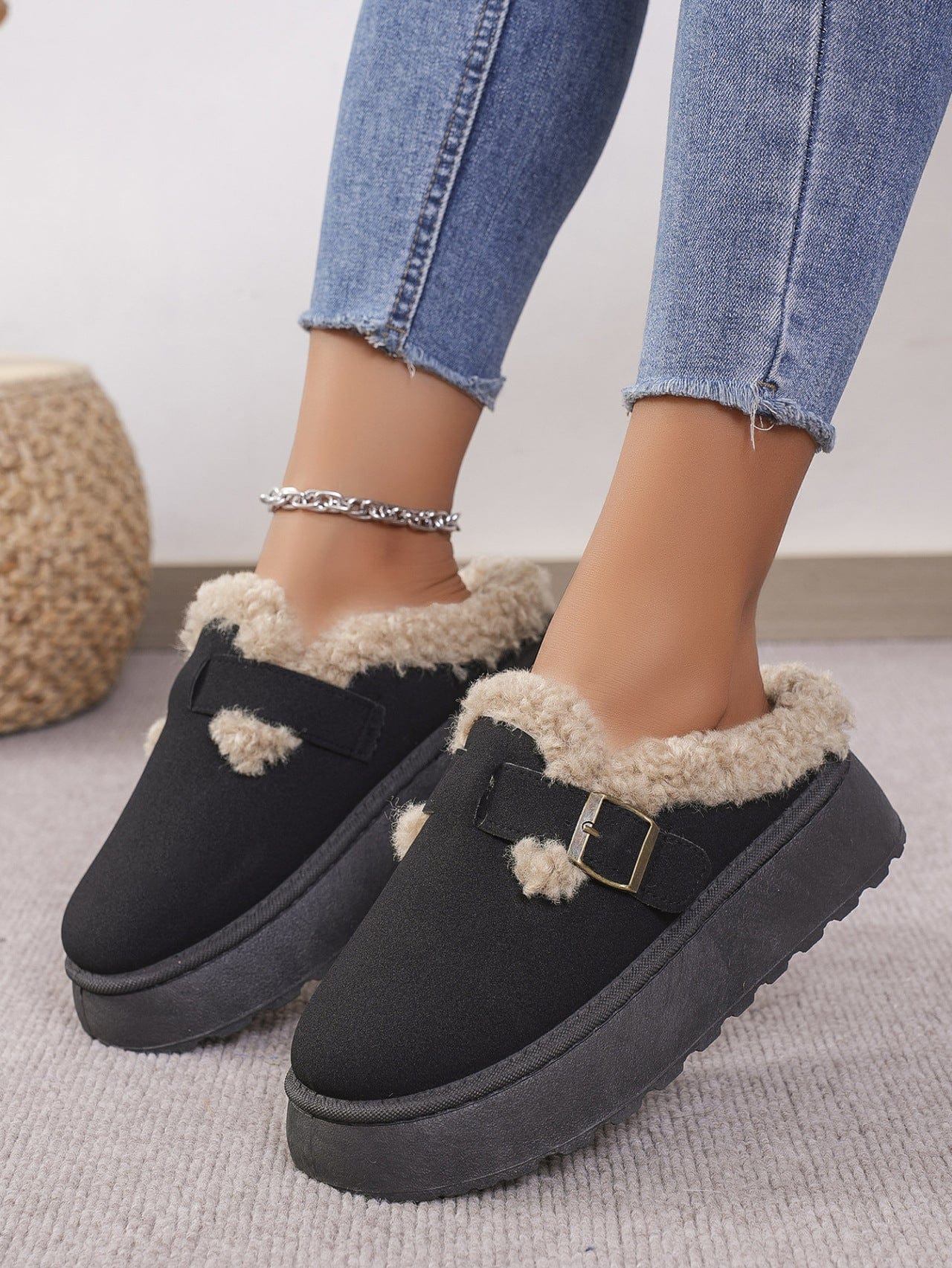 Thermal Fuzzy Buckle Platform Slippers - Trendsi