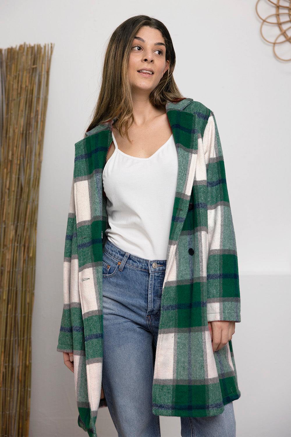 Double Take Full Size Plaid Button Up Lapel Collar Coat - Flyclothing LLC