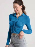 Ruched Button Up Long Sleeve T-Shirt - Flyclothing LLC