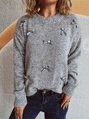 Bow Trim Round Neck Long Sleeve Sweater - Trendsi