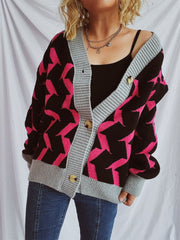 Contrast Trim Geometric V-Neck Long Sleeve Cardigan - Trendsi