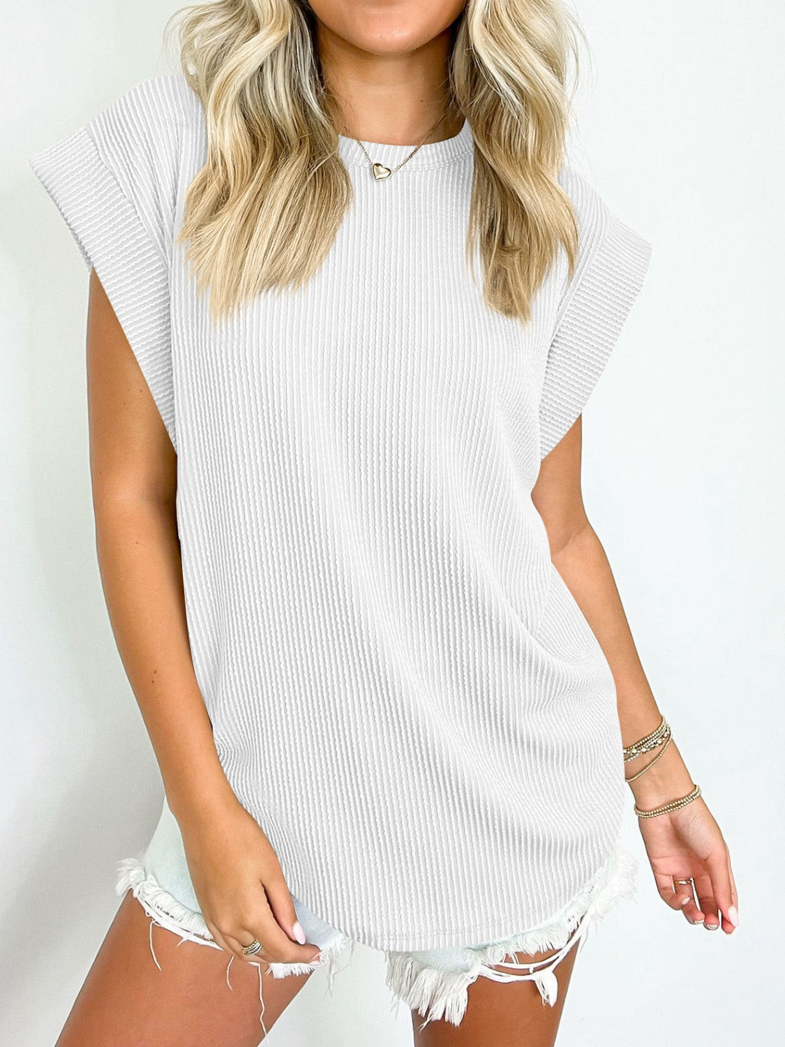 Textured Round Neck Cap Sleeve Blouse Trendsi