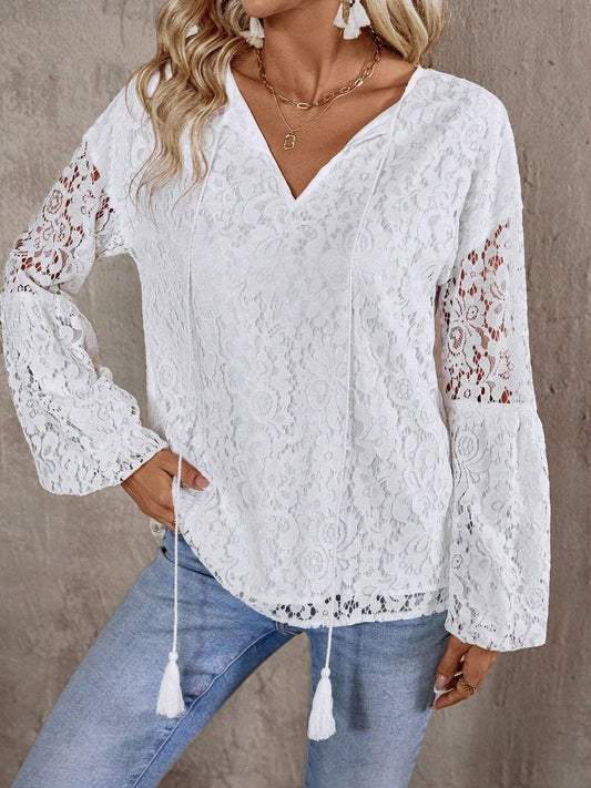 Lace Tie Neck Long Sleeve Blouse