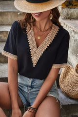 Full Size Lace Detail V-Neck Short Sleeve Blouse Trendsi