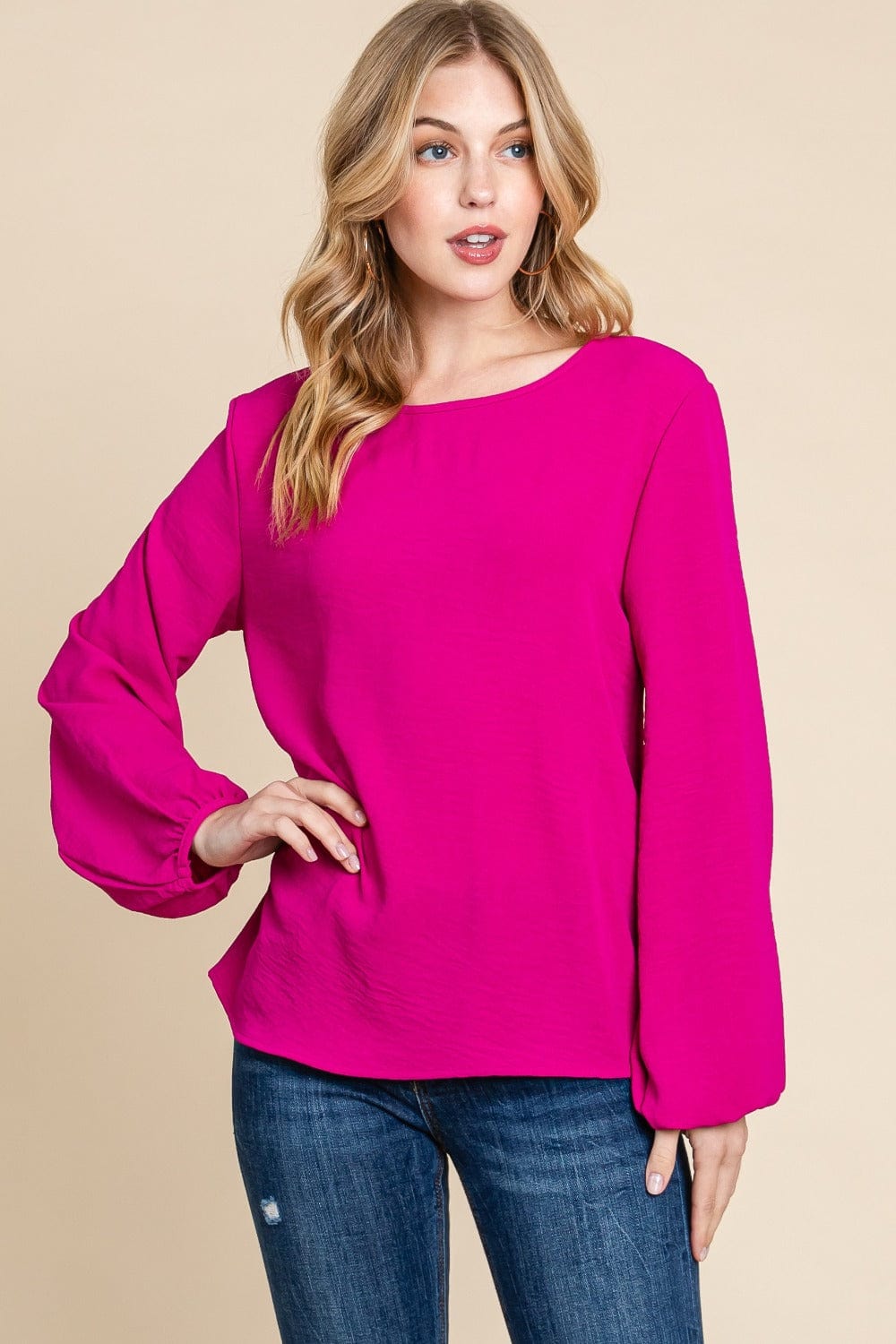 BOMBOM Textured Balloon Sleeve Top - Trendsi