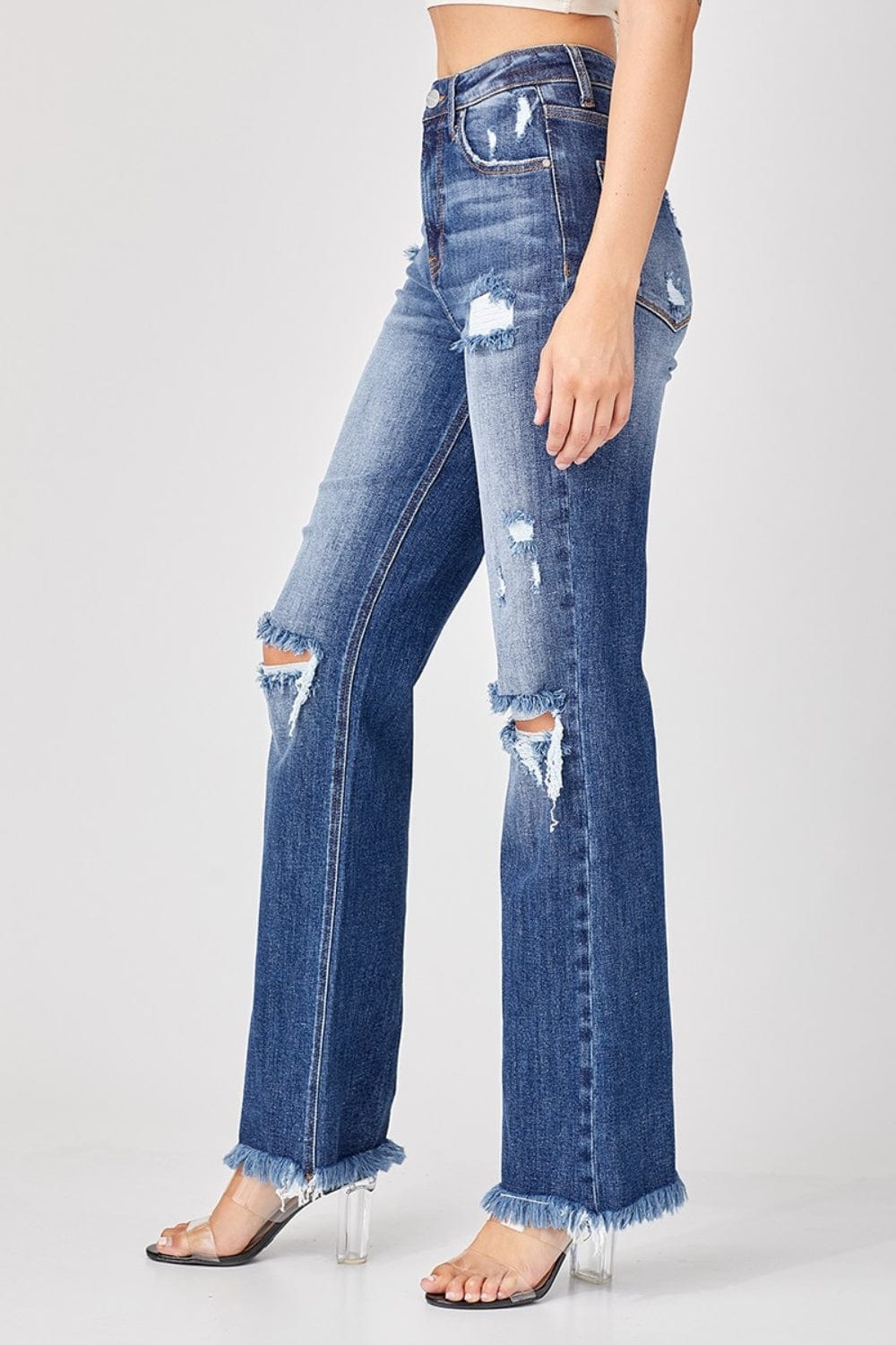 Risen Full Size Raw Hem Distressed Straight Jeans - Trendsi