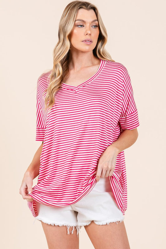 BOMBOM Striped V-Neck T-Shirt - Trendsi