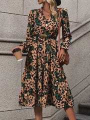 Leopard Notched Flounce Sleeve Midi Dress