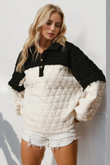 Double Take Quarter Button Contrast Long Sleeve Quilted Sweatshirt - Trendsi