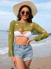 Distressed Boat Neck Long Sleeve Cover Up - Flyclothing LLC