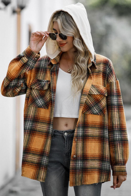 Drawstring Plaid Long Sleeve Hooded Shacket - Trendsi