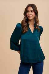 Annie Wear Satin Notched Three-Quarter Sleeve Blouse