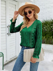 Lace V-Neck Flounce Sleeve Blouse - Flyclothing LLC